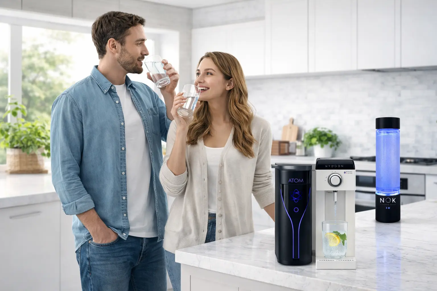 Pareja bebiendo agua hidrogenada Aquamaters