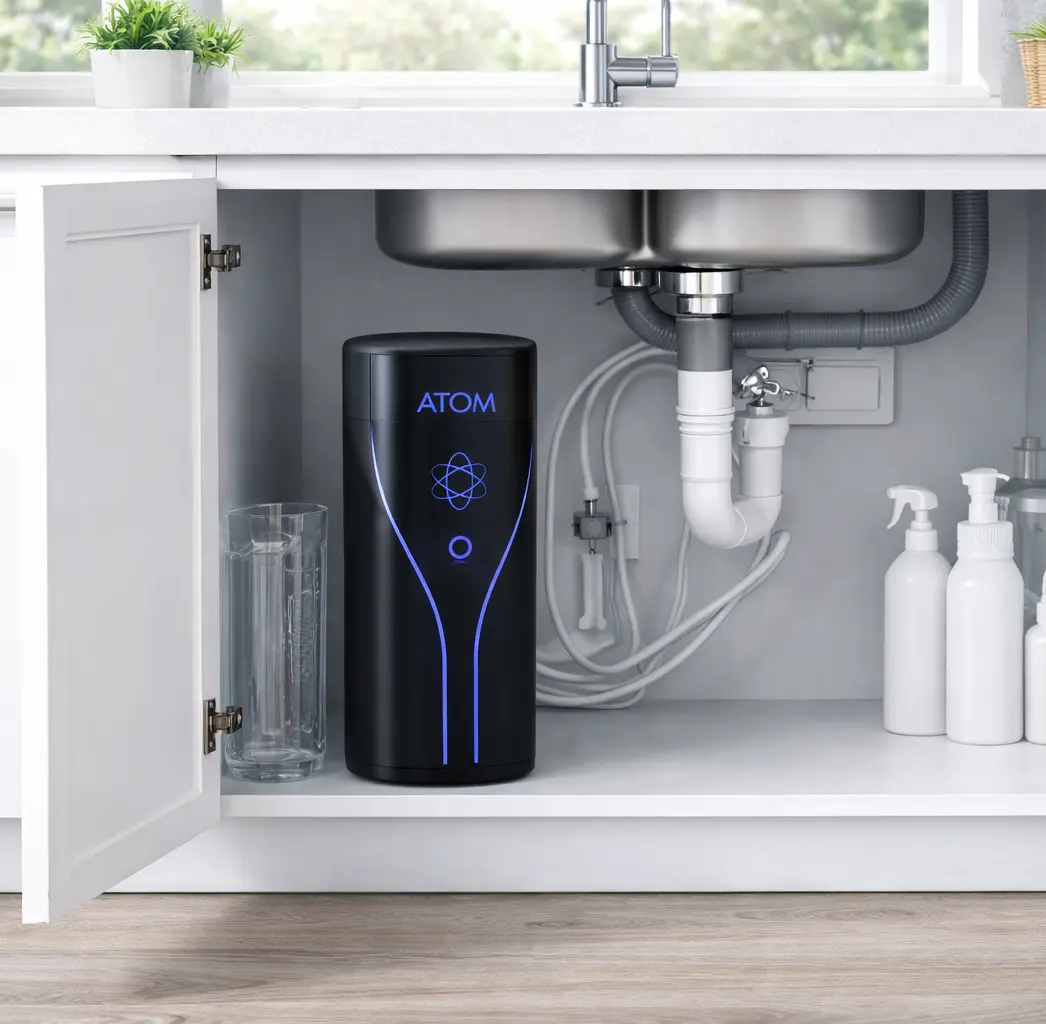 Aparato agua hidrogenada Atom de Aquamaters instalado bajo el fregadero de la cocina